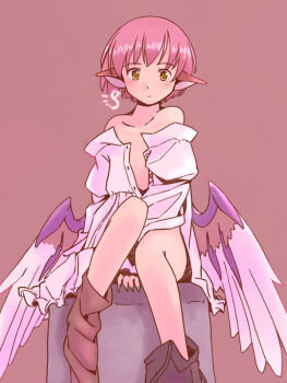 1girl animal_ears artist_logo bare_shoulders bird_ears bird_wings blush commentary_request dress feathered_wings green_nails knees logo looking_at_viewer mystia_lorelei off_shoulder open_clothes open_dress pink_hair rangycrow red_background shirt short_hair simple_background sitting solo touhou white_dress white_shirt wings yellow_eyes