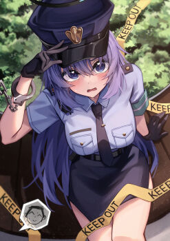 1girl absurdres bench black_gloves black_necktie black_skirt blue_archive blue_eyes blue_shirt blush breasts bush caution_tape collared_shirt cuffs day doodle_sensei_(blue_archive) gloves hair_between_eyes handcuffs hat hidel highres large_breasts long_hair necktie open_mouth outdoors police police_hat police_uniform policewoman purple_hair sensei_(blue_archive) shirt short_sleeves sitting skirt solo spoken_character very_long_hair wavy_mouth yuuka_(blue_archive)