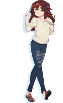 Rule 34 | 1girl, brown hair, denim, full body, green eyes, hans.b, index finger raised, long hair, looking at viewer, maitoko yuri, smile, solo, sweater, tachi-e, teikan no eve bethel, transparent background, watch, wristwatch
