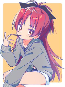 Rule 34 | 1girl, absurdres, black bow, blue shorts, blush, border, bow, bright pupils, closed mouth, commentary request, dot nose, feet out of frame, food, food in mouth, fur-trimmed shorts, fur trim, grey hoodie, hair bow, hand up, highres, hood, hood down, hoodie, long hair, long sleeves, looking at viewer, mahou shoujo madoka magica, mahou shoujo madoka magica (anime), navel, outside border, parted bangs, pocky, pocky in mouth, red eyes, red hair, ruru (rurumagi), sakura kyoko, short shorts, shorts, simple background, sitting, solo, white border, white pupils, yellow background