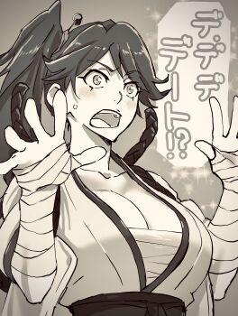 1girl breasts budget_sarashi cleavage collarbone commentary_request greyscale hair_ornament hair_stick hakama highres japanese_clothes kudou_masashi large_breasts monochrome open_mouth sakura_taisen sarashi sepia shin_sakura_taisen shinonome_hatsuho side_ponytail solo sparkle sweatdrop translation_request upper_body