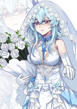 Rule 34 | 1girl, absurdres, alternate costume, bare shoulders, blue hair, blush, bouquet, breasts, bridal veil, closed mouth, colored eyelashes, commentary, dress, elbow gloves, english commentary, flareza, flower, gloves, hair between eyes, highres, holding, holding bouquet, large breasts, long hair, looking at viewer, purple eyes, shorekeeper (wuthering waves), smile, solo, veil, wedding dress, white dress, white gloves, white veil, wuthering waves, zoom layer