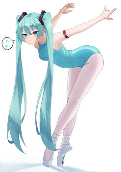 ... 1girl absurdres amaama_(beccyonaika1) ballerina ballet ballet_slippers bent_over blue_eyes blue_hair blue_leotard blush breasts closed_mouth commentary en_pointe full_body hatsune_miku highres leotard long_hair looking_at_viewer musical_note pantyhose simple_background smile solo spoken_ellipsis twintails very_long_hair vocaloid white_background white_pantyhose