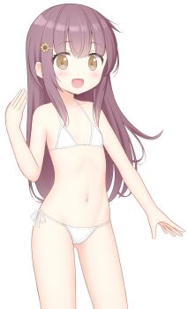 1girl ami_(ammy33) bikini blush brown_eyes female_focus flat_chest flower hair_flower hair_ornament hairclip loli long_hair looking_at_viewer lowleg lowleg_bikini maroon_hair navel open_mouth original side-tie_bikini_bottom smile solo standing swimsuit white_background white_bikini