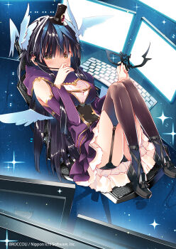 1girl arikawa_satoru ass black_hair black_panties breasts character_request commentary_request computer_keyboard dress full_body garter_straps highres long_hair looking_at_viewer medium_breasts monitor official_art panties solo thighhighs underwear z/x