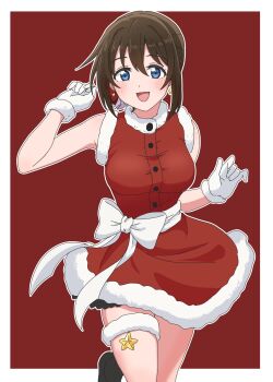 1girl blue_eyes border bow breasts brown_hair commentary_request dress earrings fur-trimmed_dress fur-trimmed_gloves fur_thigh_strap fur_trim gloves hair_between_eyes highres jewelry looking_at_viewer love_live! love_live!_nijigasaki_high_school_idol_club medium_breasts open_mouth osaka_shizuku outline red_background red_dress santa_costume santa_dress sidelocks simple_background sleeveless sleeveless_dress smile solo star_(symbol) star_earrings taiyakippassion white_border white_bow white_gloves white_outline