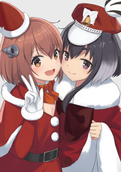 1girl alternate_costume beret black_hair blush brown_eyes brown_hair capelet christmas commentary_request dress fur-trimmed_capelet fur-trimmed_dress fur-trimmed_headwear fur_trim gloves hair_ornament hairband hat highres kantai_collection long_hair long_sleeves looking_at_viewer neckerchief official_alternate_costume open_mouth red_capelet red_dress sack sailor_dress santa_costume santa_dress santa_hat short_hair short_hair_with_long_locks smile tokitsukaze_(christmas)_(kancolle) tokitsukaze_(kancolle) white_gloves yuki_4040 yukikaze_(kancolle)