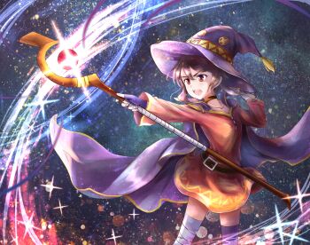 1girl black_choker brown_hair cape casting_spell choker commentary_request cowboy_shot double-parted_bangs dress fingerless_gloves gloves hair_between_eyes hat holding holding_staff imminent_explosion kono_subarashii_sekai_ni_shukufuku_wo! kototomari light_particles long_sleeves looking_ahead mage_staff magic megumin open_mouth purple_cape purple_gloves purple_hat red_dress red_eyes serious short_dress short_hair solo staff witch_hat
