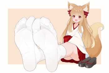 1girl absurdres animal_ears blush brown_eyes brown_hair feet fox_ears fox_tail geta highres japanese_clothes long_hair looking_at_viewer miko open_mouth oshiro_project:re panties pantyshot senko_(oshiro_project) shoes soles tabi tail underwear unworn_shoes wl217_(nicexa111)
