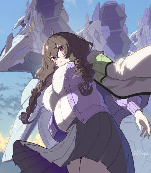 1girl ahoge artist_name blue_sky braid breasts brown_hair buttons character_request cowboy_shot hair_between_eyes highres large_breasts long_hair long_sleeves looking_to_the_side muv-luv_girls_garden open_hand outdoors parted_lips pleated_skirt plump skirt sky solo syope twin_braids twitter_username