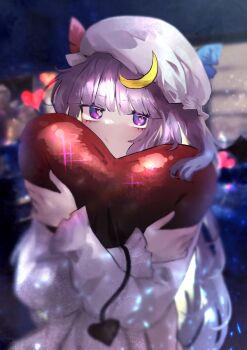 1girl :/ absurdres blunt_bangs blush commentary crescent crescent_hair_ornament crossed_arms dress getsurai hair_ornament hat heart heart_cushion highres hugging_object light_particles long_hair looking_at_viewer mob_cap patchouli_knowledge purple_eyes purple_hair solo straight_hair touhou upper_body very_long_hair white_dress white_hat