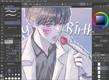 Rule 34 | 1boy, art program in frame, black hair, black shirt, clip studio paint, clip studio paint (medium), coat, collared shirt, commentary request, food, fork, fruit, happy birthday, heart, hjtdc61fdy9895, holding, holding fork, kim dokja, korean commentary, korean text, looking at viewer, male focus, omniscient reader's viewpoint, open clothes, open coat, open mouth, saliva, saliva trail, screencap, shirt, short hair, solo, strawberry, translation request, upper body, white coat