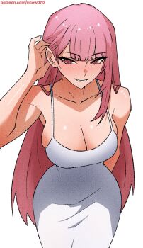Rule 34 | 1girl, adjusting hair, arm behind back, armpit peek, armpits, bare shoulders, blush, bodycon, breasts, cleavage, collarbone, dress, grin, hair behind ear, hand in own hair, hand up, highres, hololive, hololive english, holomyth, large breasts, leaning forward, long hair, looking at viewer, mori calliope, parted lips, pink eyes, pink hair, red eyes, ringed eyes, ritorugalaxy, simple background, skindentation, sleeveless, sleeveless dress, smile, solo, solo focus, standing, taut clothes, taut dress, tucking hair, very long hair, virtual youtuber, white background, white dress