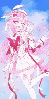 1girl absurdres beret blue_sky breasts chinese_commentary chunbaixing_yui cleavage commentary_request diamond-shaped_pupils diamond_(shape) dress elf elysia_(hi_love_elf)_(honkai_impact) elysia_(honkai_impact) hat highres honkai_(series) honkai_impact_3rd long_hair looking_at_viewer medium_breasts open_mouth pink_hair pointy_ears purple_eyes red_dress sky smile solo symbol-shaped_pupils thighhighs very_long_hair white_dress white_thighhighs