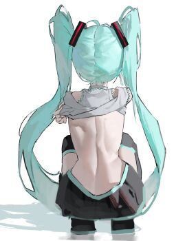 1girl aqua_hair aqua_trim back black_boots black_skirt boots clothes_lift collared_shirt crossed_arms denell facing_away from_behind full_body grey_shirt hatsune_miku highres long_hair midriff pleated_skirt shirt shirt_lift skirt sleeveless sleeveless_shirt solo squatting thigh_boots twintails vocaloid white_background