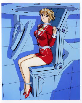 1990s_(style) 1girl absurdres agent_aika aika_(series) arms_up ascot bdsm blue_eyes blush bondage bound bound_legs bound_torso bound_wrists breasts brooch brown_hair collared_shirt earrings female_focus folded_ponytail full_body hair_between_eyes high_heels highres imminent_rape indoors jacket jewelry legs lipstick long_legs machine makeup medium_breasts official_art open_mouth pencil_skirt ponytail raised_eyebrows red_jacket red_lips red_shoes red_skirt retro_artstyle scan shadow shiny_clothes shiny_footwear shirt shoes sitting skirt solo sumeragi_aika thighs white_shirt yamauchi_noriyasu yellow_ascot you_gonna_get_raped