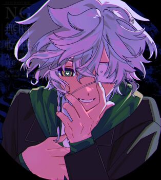 1boy bikini black_jacket blush braid eyepatch_bikini green_eyes hair_between_eyes heart heart-shaped_pupils hood hood_down hooded_jacket jacket looking_at_viewer male_focus monitoring_(vocaloid) murakumo_kagetsu nijisanji short_hair side_braid smile solo soupkkume swimsuit symbol-shaped_pupils upper_body virtual_youtuber white_hair