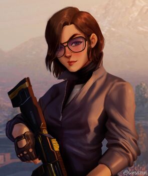 Rule 34 | 1girl, absurdres, aviator glasses, black-framed eyewear, black gloves, black shirt, blurry, blurry background, brown hair, call of duty, call of duty: black ops cold war, call of duty: mobile, call of duty: warzone, closed mouth, commentary, dawn, english commentary, glasses, gloves, green eyes, grey eyes, grey jacket, gun, helen a. park, highres, holding, holding gun, holding weapon, jacket, lips, looking at viewer, mature female, military operator, nose, outdoors, red lips, rifle, sarcastoon, shirt, short hair, sleeves pushed up, solo, three-quarter sleeves, tree, turtleneck, undershirt, upper body, weapon