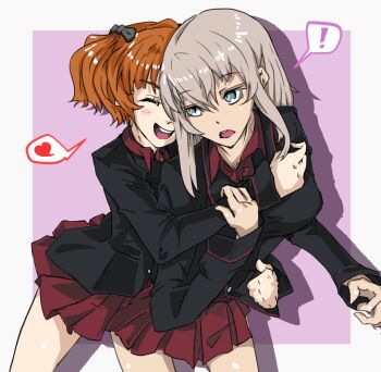 Rule 34 | !, 2girls, black jacket, brown hair, collared shirt, commentary request, girls und panzer, girls und panzer phase erika, grey hair, hair ornament, heart, hug, hug from behind, itsumi erika, jacket, kuromorimine military uniform, long hair, long sleeves, miniskirt, multiple girls, orange hair, red skirt, rou leila, shirt, skirt, twintails, wani02, yuri