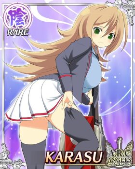 1girl adjusting_clothes adjusting_legwear black_coat black_necktie black_thighhighs blue_shirt border breasts brown_hair card_(medium) character_name closed_mouth coat diagonal-striped_clothes diagonal-striped_necktie electric_guitar english_text from_behind game_cg green_eyes guitar holding holding_guitar holding_instrument instrument karasu_(senran_kagura) large_breasts light_frown long_hair necktie official_art open_clothes open_coat pleated_skirt senran_kagura senran_kagura_new_wave shirt skindentation skirt solo striped_clothes thighhighs white_skirt