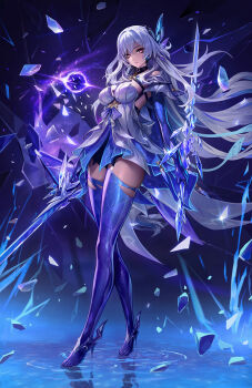 1girl breasts commentary dress dual_wielding english_commentary full_body genshin_impact grey_hair hair_between_eyes hair_ornament highres holding holding_sword holding_weapon imdrunkontea large_breasts long_hair looking_at_viewer parted_lips prosthesis prosthetic_arm prosthetic_leg red_eyes reverse_grip ripples skirk_(genshin_impact) solo standing sword very_long_hair water weapon
