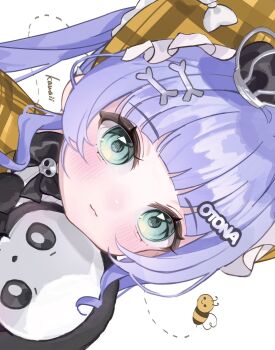 1girl aqua_eyes bee black_bow black_bowtie blue_hair blush bone_hair_ornament bonnet bow bowtie bug closed_mouth crown frilled_bonnet frills hair_ornament hairclip highres insect light_smile long_hair looking_at_viewer mini_crown official_alternate_costume shiella_(4ella_art) sideways simple_background skull_brooch solo stuffed_toy twintails upper_body virtual_youtuber vspo! white_background yano_kuromu yano_kuromu_(3rd_costume)