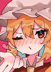 Rule 34 | 1girl, absurdres, ascot, blonde hair, blowing kiss, flandre scarlet, heart, heart-shaped pupils, highres, one eye closed, red background, red eyes, rokka (rokka937), simple background, solo, sweat, symbol-shaped pupils, touhou, upper body, white mob cap, yellow ascot