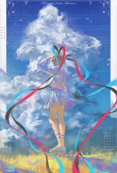 Rule 34 | 1girl, absurdres, blonde hair, blue hair, blue serafuku, bow, chouzetsusaikawa tenshi-chan, cloud, cloudy sky, commentary request, contrapposto, cross, day, english text, error message, from behind, full body, gift art, hair bow, hand up, highres, liebebento (dosilan), midriff peek, multiple hair bows, needy girl overdose, outdoors, outside border, pillarboxed, pink hair, platform sandals, quad tails, sandals, school uniform, serafuku, simple bird, sky, solo, standing