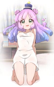 1girl arm_support barefoot blue_hair blue_hat dot_nose dress eyelashes female_focus full_body gradient_hair green_eyes hat indoors leaning_back long_hair looking_at_viewer monster_girl multicolored_hair open_mouth petite pink_hair puniru_(puniru_wa_kawaii_slime) puniru_wa_kawaii_slime seiza sitting sleeveless sleeveless_dress slime_girl smile solo two-tone_hair white_dress yuzukiaz