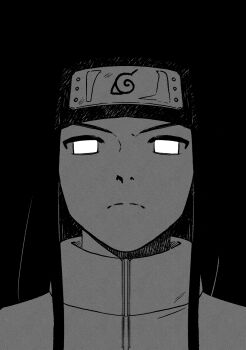 Rule 34 | 1boy, black background, black hair, black headband, closed mouth, commentary request, glowing, glowing eyes, headband, highres, hyuuga neji, jacket, konohagakure symbol, long hair, looking at viewer, m0 mo momo, male focus, naruto (series), no pupils, parted bangs, sidelocks, solo, straight hair, white eyes, white jacket