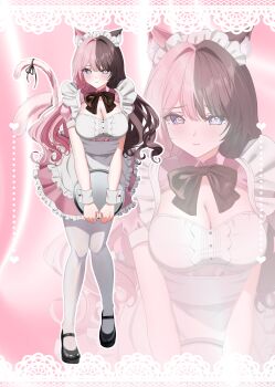 1girl 3: absurdres animal_ears apron black_bow black_bowtie black_ribbon black_shoes blue_eyes blush bow bowtie breasts brown_hair cat_ears cat_girl cat_tail cleavage dress embarrassed frilled_apron frilled_dress frills full_body heart highres holding holding_tray large_breasts leaning_forward long_hair looking_at_viewer maid maid_headdress multicolored_hair pantyhose pink_background pink_dress pink_hair ribbon shoes short_sleeves solo standing tachibana_hinano tail tail_ornament tail_ribbon tray two-tone_hair very_long_hair virtual_youtuber vspo! waist_apron white_apron white_pantyhose wrist_cuffs zoom_layer zuizui_11