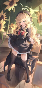 Rule 34 | 1girl, absurdres, black gloves, black hat, black pantyhose, black sailor collar, black shirt, black skirt, blonde hair, blue archive, blush, bow, closed mouth, clothes lift, clothes pull, commentary, fluffy hair, gloves, green eyes, green halo, halo, hat, highres, long hair, looking at viewer, no shoes, norimori, pantyhose, pantyhose pull, professor niyaniya (blue archive), red bow, sailor collar, shirt, single glove, skirt, skirt lift, smile, solo