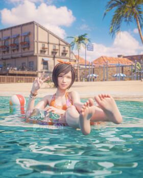 1girl 3d armpits ball barefoot beach beachball bikini blurry blurry_background bow_hairband bracelet breasts brown_hair closed_mouth day drayqin eyelashes feet final_fantasy final_fantasy_vii final_fantasy_vii_rebirth final_fantasy_vii_remake floral_print foot_focus hairband hand_up highres innertube jewelry knees_together_feet_apart one_eye_closed orange_bikini orange_hairband outdoors palm_tree short_hair sitting small_breasts smile soles solo swept_bangs swim_ring swimsuit toes tree v yuffie_kisaragi yuffie_kisaragi_(summer_orange)