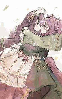 Rule 34 | agnes tachyon (sigma experiment) (umamusume), agnes tachyon (umamusume), ahoge, animal ears, arm around waist, arms up, black shirt, blush, braid, braided ponytail, closed mouth, commentary, dailytachycafe, dark skin, ear covers, elden ring, face-to-face, green kimono, green ribbon, highres, horse ears, horse girl, hug, japanese clothes, kimono, long sleeves, looking at another, manhattan cafe (umamusume), manhattan cafe (verdant night) (umamusume), multicolored hair, ponytail, red eyes, ribbon, shirt, single ear cover, skirt, smile, streaked hair, symbol-only commentary, white hair, white skirt, yellow eyes, yuri