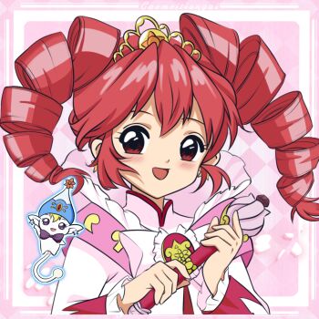 Rule 34 | 1girl, :d, argyle background, arm up, blonde hair, blue hat, blush, border, bow, bowtie, chest bow, clamp (circle) (style), commentary, creature, crest, cropped torso, dress, drill hair, earrings, fairy, fine (futagohime), fine (prominence dress up) (futagohime), flower wand, frilled dress, frilled sleeves, frills, fushigiboshi no futago hime, gem, gold tiara, hair between eyes, hat, hat ornament, high collar, highres, holding, holding wand, jeweled hat, jewelry, long hair, long sleeves, looking at viewer, magical girl, medallion, mixed-language commentary, open mouth, outside border, phrygian cap, pink background, pink dress, pointy ears, portrait, pumo (futagohime), purple bow, purple bowtie, purple eyes, rabirami, red eyes, red gemstone, red hair, smile, star (symbol), star earrings, sun hat ornament, supportasse, tail, tiara, twin drills, wand, white bow, wide sleeves