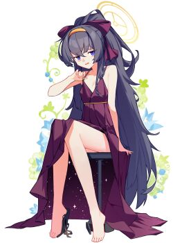 1beombeom 1girl absurdres bags_under_eyes bare_shoulders black_hair blue_archive dress hair_ribbon halo high_heels highres long_hair looking_at_viewer purple_dress purple_eyes purple_ribbon ribbon sitting ui_(blue_archive) very_long_hair yellow_halo
