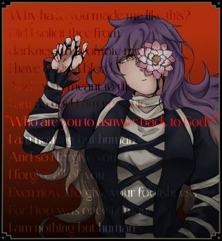 1girl akatsuki_records breasts commentary cross-laced_clothes english_commentary english_text flower flower_over_eye gradient_hair highres hijiri_byakuren large_breasts long_hair long_sleeves looking_at_viewer multicolored_hair otaeriaaoba purple_hair solo touhou upper_body yellow_eyes