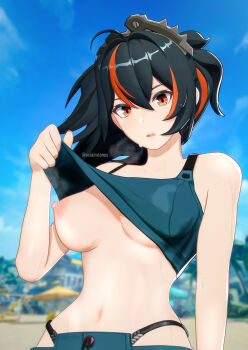 1girl artist_name beach bikini bikini_top_lift black_hair blender_(medium) blue_sky blurry blurry_background breasts clothes_lift cloud commentary dab_neko eclairstones english_commentary highres large_breasts multicolored_hair navel nipples outdoors parted_lips photoshop_(medium) ponytail red_hair red_streaks sky streaked_hair sweat swimsuit twitter_username two-tone_hair upper_body zenless_zone_zero zhu_yuan
