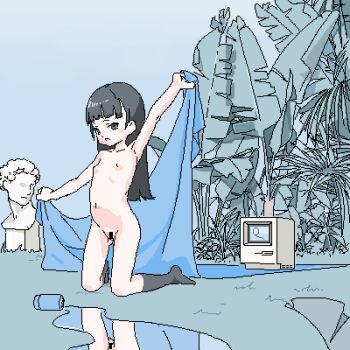 1girl arm_up bar_censor black_eyes black_hair black_socks blanket blunt_bangs breasts bust_(sculpture) can censored commentary_request computer fern gluteal_fold grass holding holding_blanket kneehighs kneeling lokulo_no_mawashimono loli looking_at_viewer lowres macintosh_128k no_shoes nude oekaki open_mouth original outdoors outstretched_arms plant pointless_censoring puddle pussy reflection reflective_liquid small_breasts socks solo spill spread_arms
