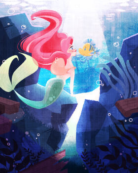 Rule 34 | 1boy, 1girl, air bubble, ariel (disney), bag, bikini, blue eyes, blush, bubble, commentary request, coral, fish, flounder, flounder (the little mermaid), from behind, green tail, hair flowing over, highres, light rays, looking at another, mast, merfolk, mermaid, monster girl, naco oekaki, ocean, seafloor, seaweed, shell, shell bikini, ship, shipwreck, smile, swimsuit, the little mermaid (disney), underwater, watercraft, wreckage