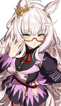 1girl animal_ears biwa_hayahide_(pf._winning_equation...)_(umamusume) biwa_hayahide_(umamusume) breasts closed_mouth commentary crown franz2543 highres horse_ears horse_girl large_breasts long_hair looking_at_viewer red-framed_eyewear solo umamusume white_hair yellow_eyes