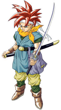 Rule 34 | belt, blue bag, boots, brown boots, chrono trigger, crono (chrono trigger), green eyes, headband, holding, holding sword, holding weapon, katana, neckerchief, non-web source, official art, promotional art, red hair, sword, toriyama akira, traditional media, tunic, undershirt, weapon, white headband, yellow neckerchief