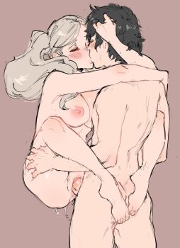1boy 1girl amamiya_ren artist_name black_hair blonde_hair breasts closed_eyes commentary completely_nude english_commentary hand_in_another&#039;s_hair hetero highres kenshin187 kiss large_breasts nipples nude penis persona persona_5 pussy pussy_juice sex short_hair simple_background suspended_congress sweatdrop takamaki_anne twintails