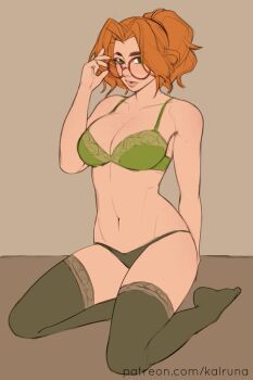 1girl bra deadlock_(game) glasses green_bra kalruna kneeling orange_hair paige_(deadlock) panties solo thighhighs underwear