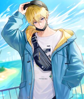1boy black_hat blonde_hair blue_eyes blue_jacket blue_sky character_request closed_mouth cloud commentary day genshin_impact hair_between_eyes hand_on_headwear hat highres jacket long_sleeves looking_at_viewer male_focus mask mouth_mask open_clothes open_jacket outdoors pponnya shirt short_hair sky smile solo upper_body white_shirt