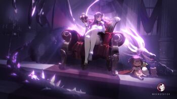 Rule 34 | 2girls, abroccoli, artist logo, artist name, black shoes, black skirt, breasts, cape, crossed legs, crown, english text, high-waist skirt, holding, holding crown, indie virtual youtuber, indoors, large breasts, logo, long hair, looking at viewer, mother and daughter, multiple girls, orange skirt, otsuka ray, purple eyes, purple hair, red cape, reika (otsuka ray), second-party source, shirt, shoes, sitting on throne, skirt, suspender skirt, suspenders, thighhighs, throne, virtual youtuber, white shirt, white thighhighs