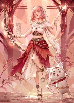 Rule 34 | 1girl, animal, armor, arrow (projectile), artist name, beads, belt, blue gemstone, blunt bangs, bow (weapon), bracelet, braid, brown eyes, brown sandals, cat, cloak, closed mouth, clothed animal, commentary, crop top, ear covers, earrings, english commentary, fringe trim, full body, gem, gold armor, gold belt, gold bracelet, gold bracer, gold earrings, gold necklace, grey belt, hair beads, hair ornament, hair tubes, hairband, happy, highres, holding, holding arrow, holding bow (weapon), holding weapon, hood, hood up, hooded cloak, hoop earrings, infinity nikki, jewelry, layered skirt, leg up, light particles, lipstick, long skirt, looking at viewer, makeup, midriff, momo (nikki), multicolored hairband, multiple bracelets, navel, necklace, nikki (nikki), nikki (series), official alternate costume, outdoors, outstretched arms, pillar, pink hair, pleated skirt, purifying wind (infinity nikki), rakasademon, red lips, red skirt, reflection, reflective liquid, sandals, shirt, short hair, side braids, side slit, single bracer, skirt, sleeveless, sleeveless shirt, smile, standing, standing on liquid, studded bracelet, sunset, toes, twin braids, water, watermark, weapon, whiskers, white cat, white cloak, white shirt, white skirt