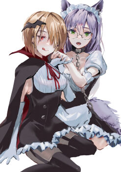 2girls :p animal_ears brown_hair chain chain_leash chained commentary_request glasses green_eyes heaven_burns_red highres izumi_yuki kayamori_ruka leash long_hair looking_at_viewer maid_headdress multiple_girls no53_(pixiv_77486930) on_floor on_ground purple_hair red_eyes red_ribbon ribbon short_hair simple_background sitting tongue tongue_out vampire wariza white_background wolf_ears