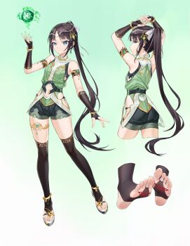 1boy absurdres bare_shoulders black_gloves black_hair black_panties black_thighhighs blue_eyes clothing_cutout commentary_request elbow_gloves gloves green_shirt highres hip_vent large_variant_set long_hair looking_at_viewer multiple_views navel navel_cutout original panties ponytail pubic_tattoo ribbon sandals shirt shorts side-tie_panties skindentation standing standing_on_one_leg stirrup_legwear stomach tattoo thighhighs toeless_legwear trap underwear variant_set very_long_hair white_ribbon xo_(xo17800108) zettai_ryouiki