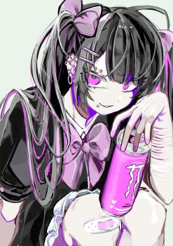 1girl absurdres bandaid bandaid_on_knee bandaid_on_leg black_hair black_sailor_collar blunt_bangs bow chest_bow commentary earrings eyebrow_piercing face_piercing feet_out_of_frame hair_bow highres jewelry knees_up long_sidelocks looking_at_viewer multiple_earrings multiple_hair_clips n_neko_mizu original piercing pink_bow pink_eyes sailor_collar self-harm sidelocks skirt smirk solo symbol-only_commentary two_side_up white_skirt wrist_cutting